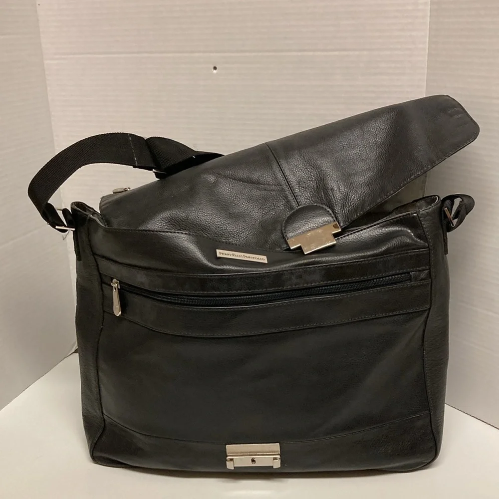 PERRY ELLIS POLFOLIO Black Leather Briefcase Messenger Bag UNISEX